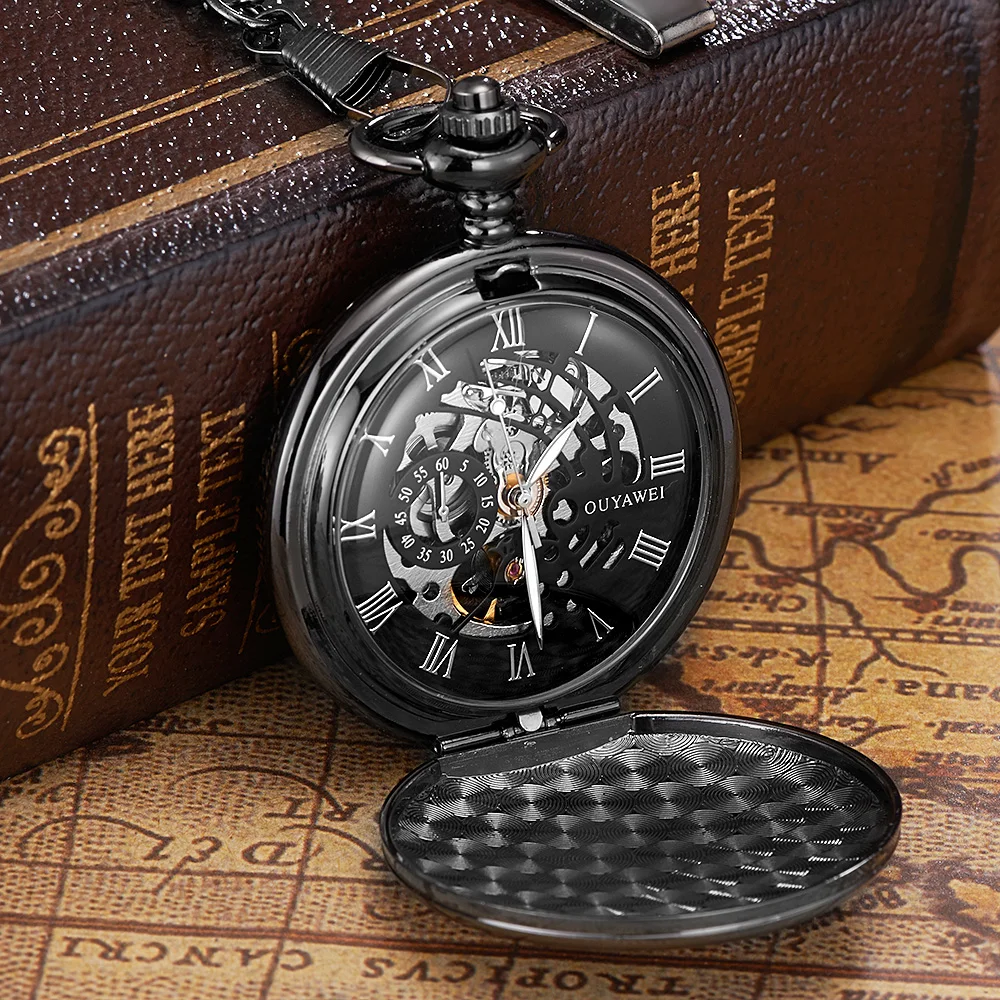 OUYAWEI Antique Steampunk Hand Winding Black Fob Pocket Watch Men Vintage Skeleton Hand Wind Mechanical Pocket Watches for gift