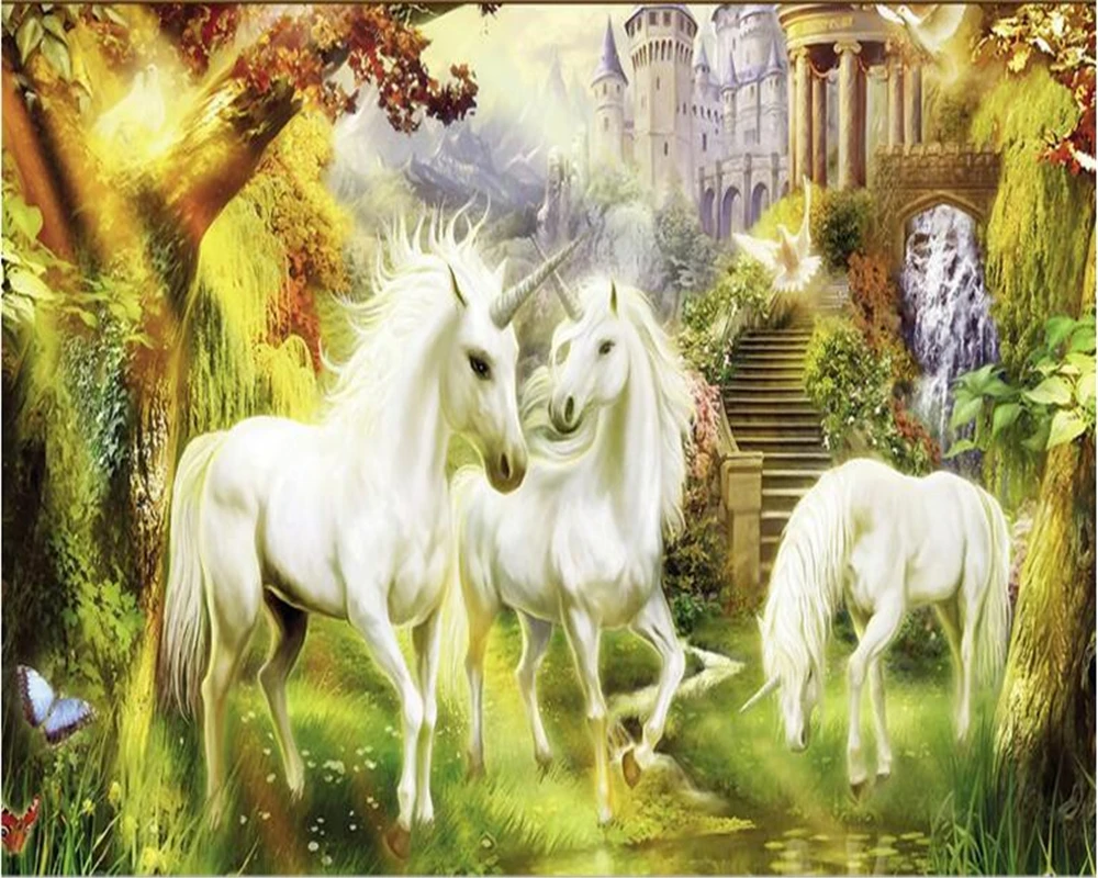 Beibehang Large custom wallpaper unicorn oil painting landscape 3D ...