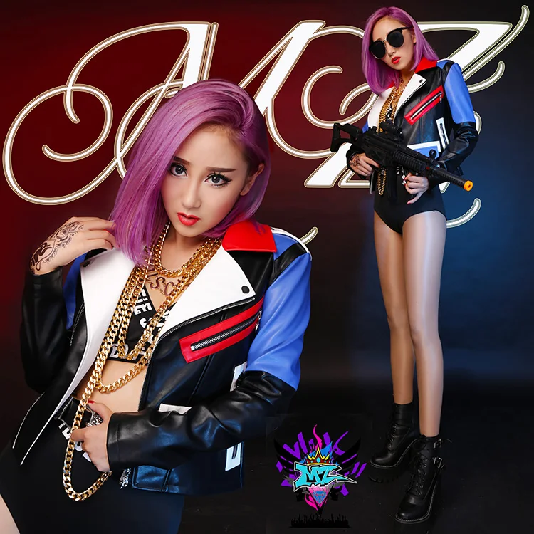 

2019 new women's slim Singer jacket DJ color stitching leather jacket performance coat plus size Female singer costumes clothing