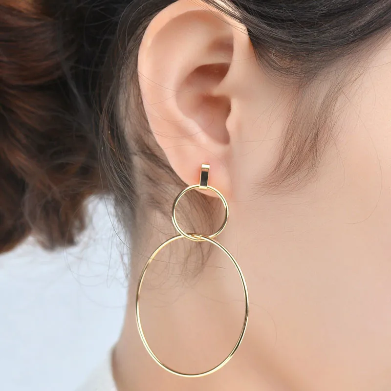 

SexeMara Two Circle Gold Drop Earrings For Women Silver Round Dangle Earring Girls Cross Simple Trendy Fashion Jewelry Boucles