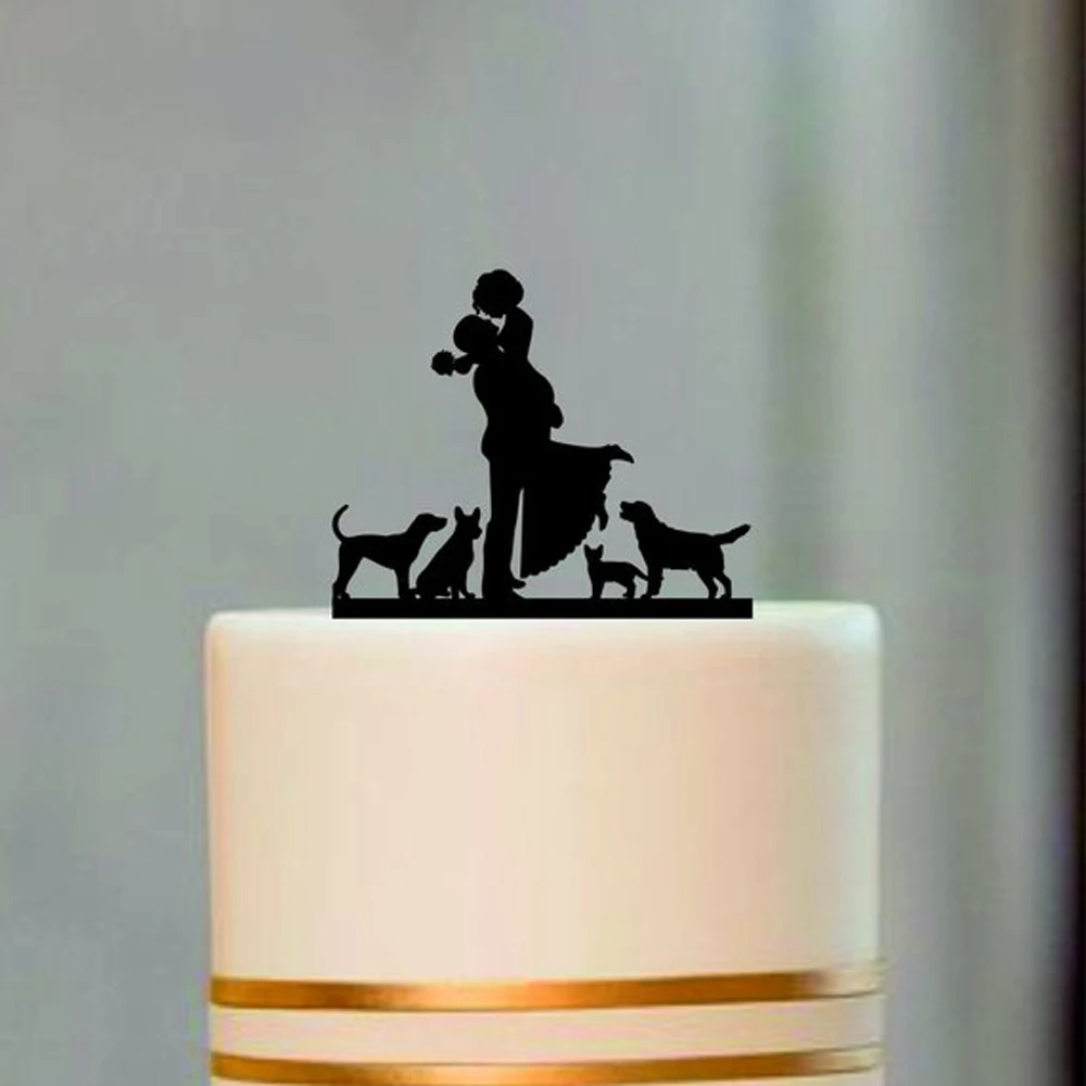 Wedding Cake Topper, Bride and Groom with a dog and cat Silhouette Cake topper, Mr. and Mrs. Wedding Decorations  Supplies