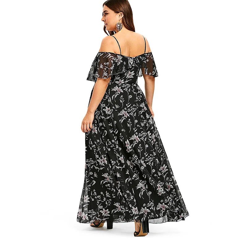 PlusMiss размера плюс 5XL Летнее нарядное платье с цветочным принтом шифоновое Сетчатое Макси длинное платье женские большие размеры с открытыми плечами Платья для вечеринок, большие размеры XXXXL XXXL