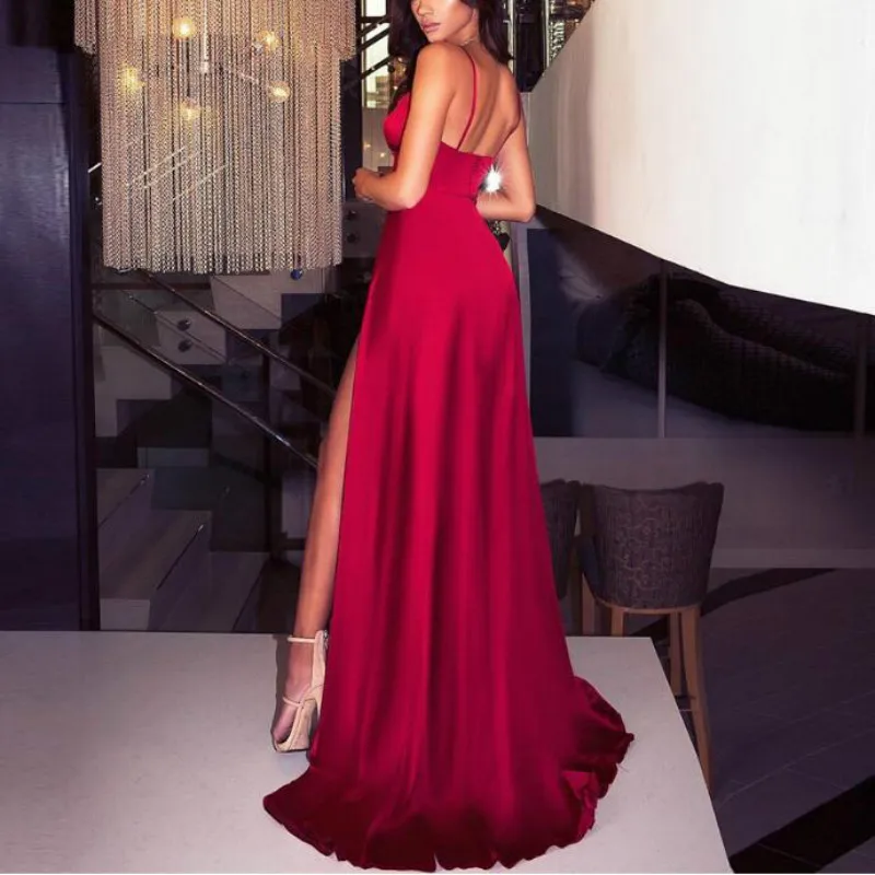 Сексуальное летнее платье в пол с открытой спиной и разрезом спереди, вечерние платья с глубоким v-образным вырезом, Красное атласное платье без рукавов с подкладкой