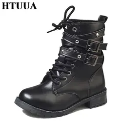 Htuua осень 2017 г. Зимние черные сапоги ботинки Martin Для женщин короткие ботильоны из искусственной кожи Водонепроницаемый теплый плюш