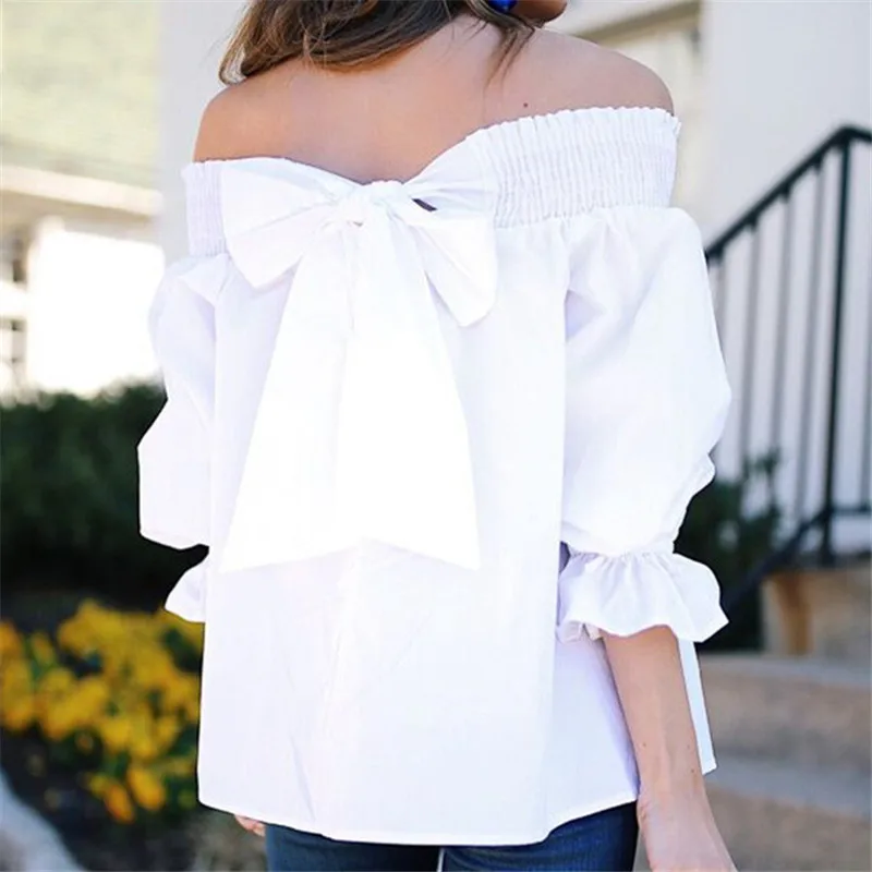 

2019 Summer T Shirt Loose Fashion Style Women T-Shirt Slash Neck Flare Sleeve T-shirts Casual Solid Clothes T Shirts 67143