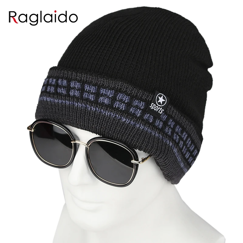 Raglaido мужская шапка зимняя skullies beanie черные вязаные шапочки для wo мужчин унисекс толстый маленький квадратный узор перевернутый головной убор RGSHY037