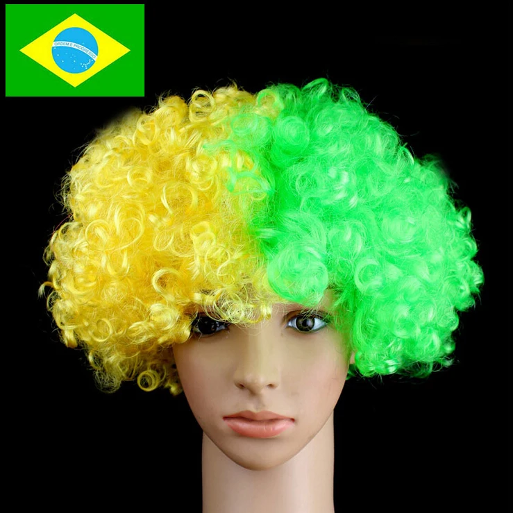 

Brazilian Flag Wig Afro Kinky Curly Short Hair Synthetic Fiber Wigs Ball Fans Halloween Pelucas Cosplay Wig Yellow Green Color