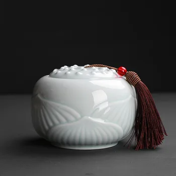 

ceramic tea canister large half catty anti-moisture sealing canister black tea green tea celadon exquisite shadow blue glaze