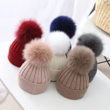 Натуральный Лисий Мех Детская шапка зимняя детская помпон Шапка супер большой меховой шарик шапка для малышей Шапка детская вязаная шерстяная шапка