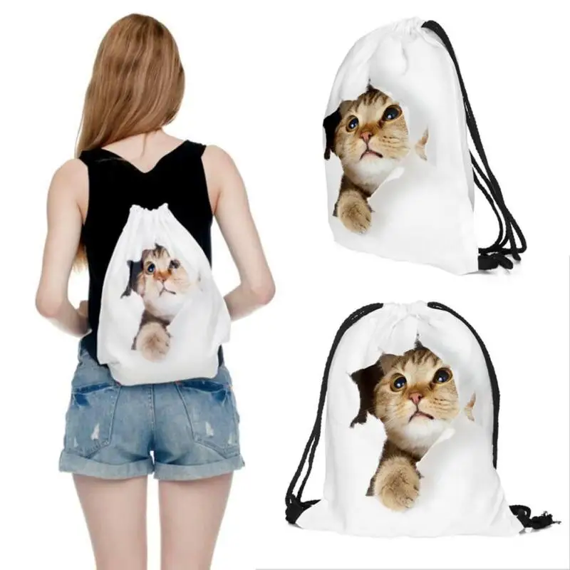 3D печать милый кот Сумка для хранения ткань Оксфорд drawstring сумка Экологичные