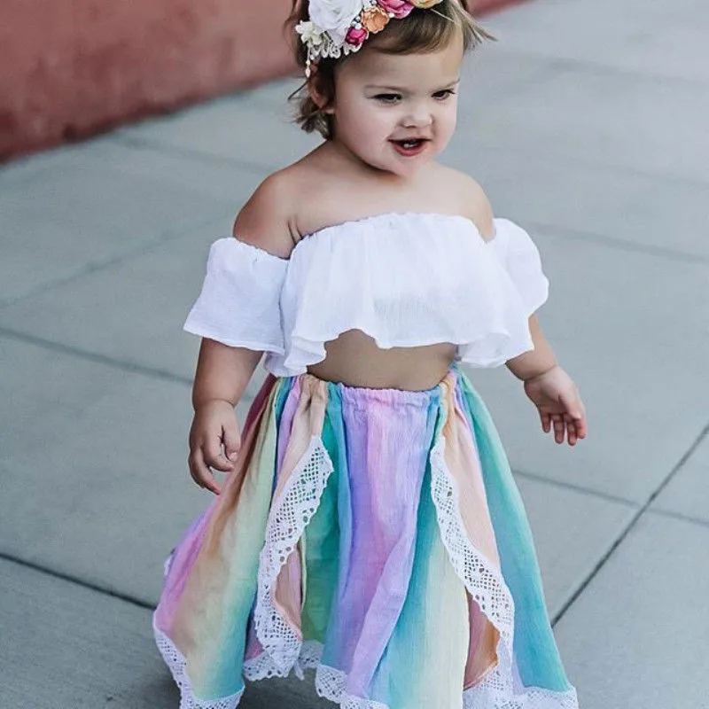 Toddler Baby Girls Off Shoulder Tops+Long Skirt Headband Set Outfits Clothes