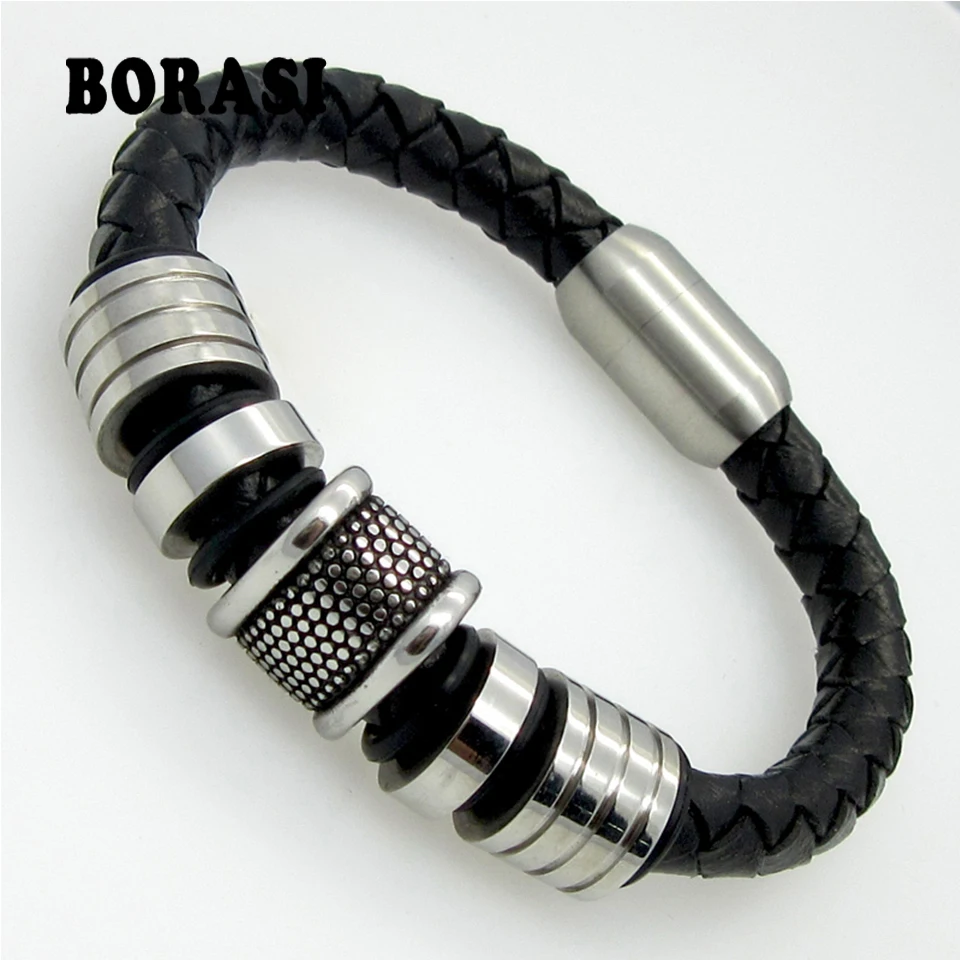 Кожаный браслет Для мужчин Нержавеющая сталь кожа Braid браслет с магнитной застежкой Хлопки pulseiras masculina