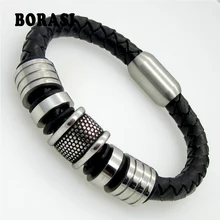 Кожаный браслет Для мужчин Нержавеющая сталь кожа Braid браслет с магнитной застежкой Хлопки pulseiras masculina
