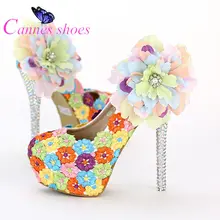 Aesthetic multicolour lace flower ultra high heels wedding shoes shallow mouth round toe formal dress shoes platform thin heels