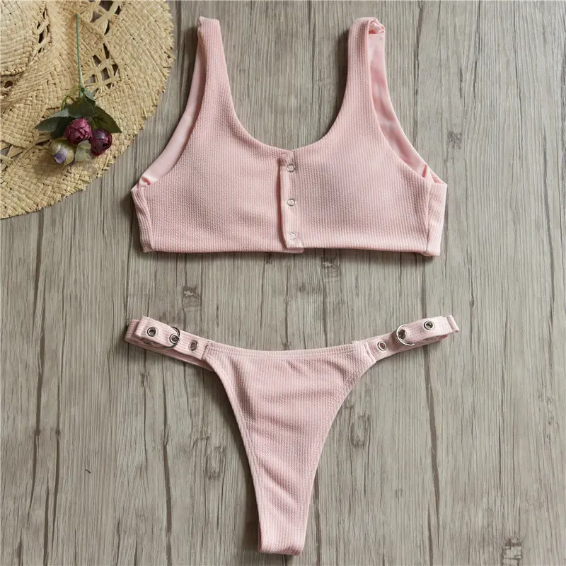 INGAGA Sexy Thong Bikini Solid Swimwear Women Metal Button Swimsuit Padded Bathing Suits New 2019 Summer Beach Bikini Mujer