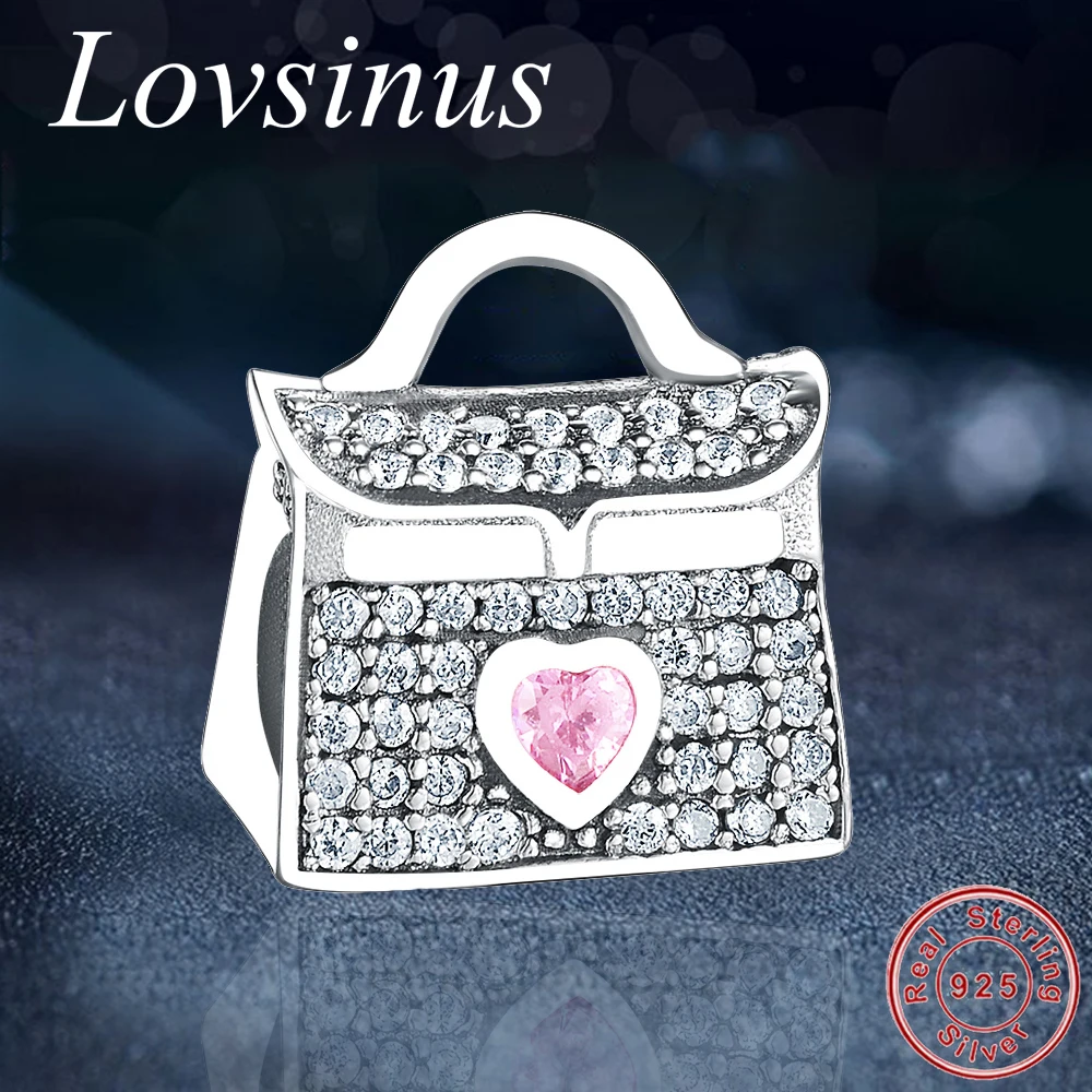 

Fit Original Pandora Charm Bracelet 925 Sterling Silver Made With Heart Pink CZ Fashion Bag Beads Making DIY Berloque Women Gift
