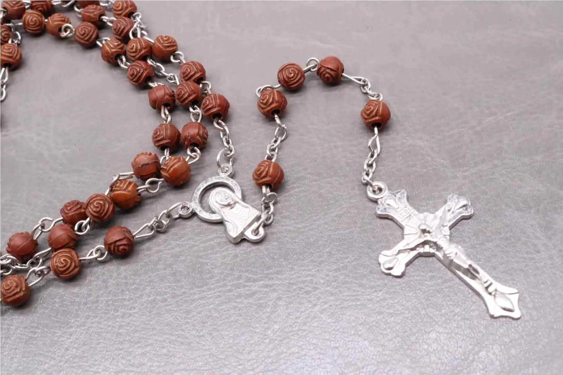 

6MM wooden rose bead pattern rosary cross necklace, rosewood bead necklace rosary ladies