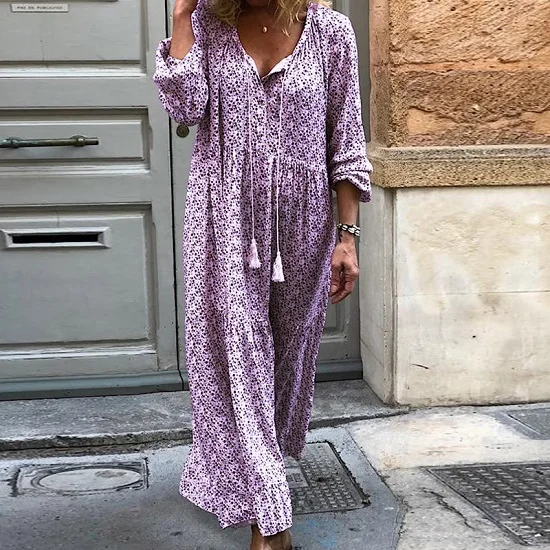 Purple Lipswag 5XL Summer Autumn Long Sleeve Printed Boho Dress Women Loose V-neck Maxi Dresses Vintage Plus Size Long Dress Vestidos - Цвет: Purple