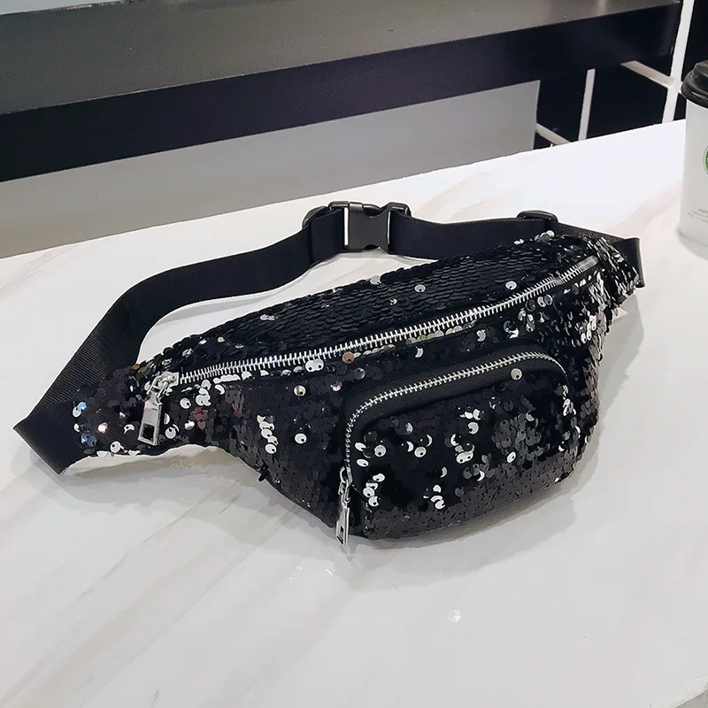 

New Women Casual Waist Bags Men Belt Bag PU Shoulder Waist Pack Bag Fashion Sequins Zipper Chest Fanny Pack Travel Chest Bag