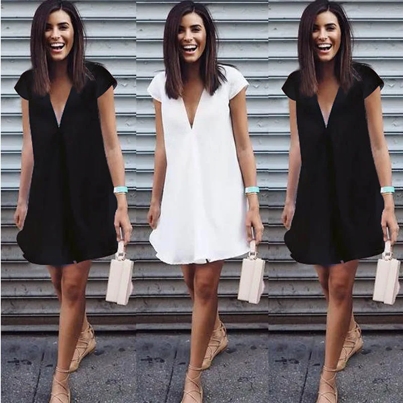 

2019 Hot Sale Sexy Women Chiffon Deep V Neck Mini Dress Loose Tunic Party Summer Beach Sundress CXZ