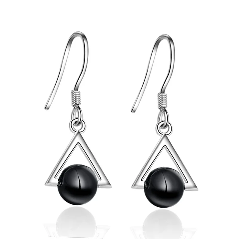 

100% 925 sterling silver fashion black Triangle rhinestone ladies`drop earrings jewelry female wedding gift Anti allergy