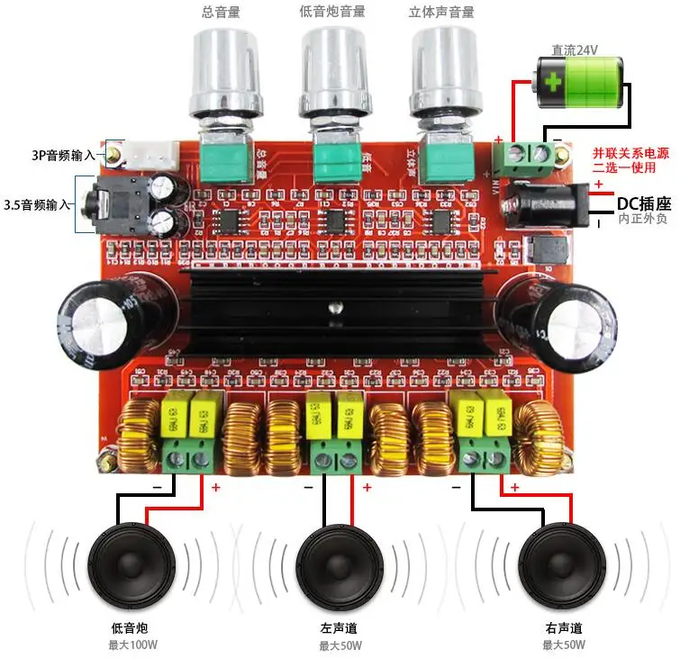 

Amplifier Board TPA3116D2 50Wx2+100W 2.1 Channel Digital Subwoofer Power 12~24V TPA3116 XH-M139