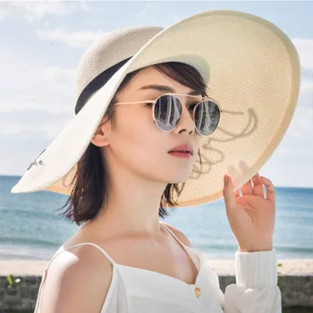 

FLYBER New 2019 Letter Straw Sun Hats for Women Summer Beach Cap Wide Brim Foldable UV Protection Ladies Panama Hat