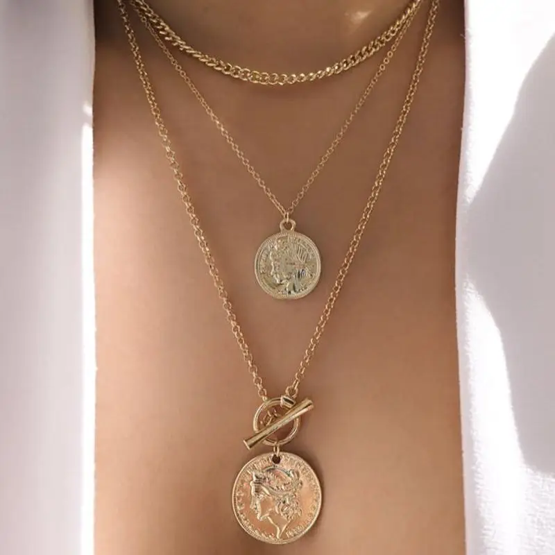 Этнический стиль женское ожерелье монета с портретом из двух частей геометрический кулон многослойное золотое ожерелье шарм Женская одежда ювелирные изделия