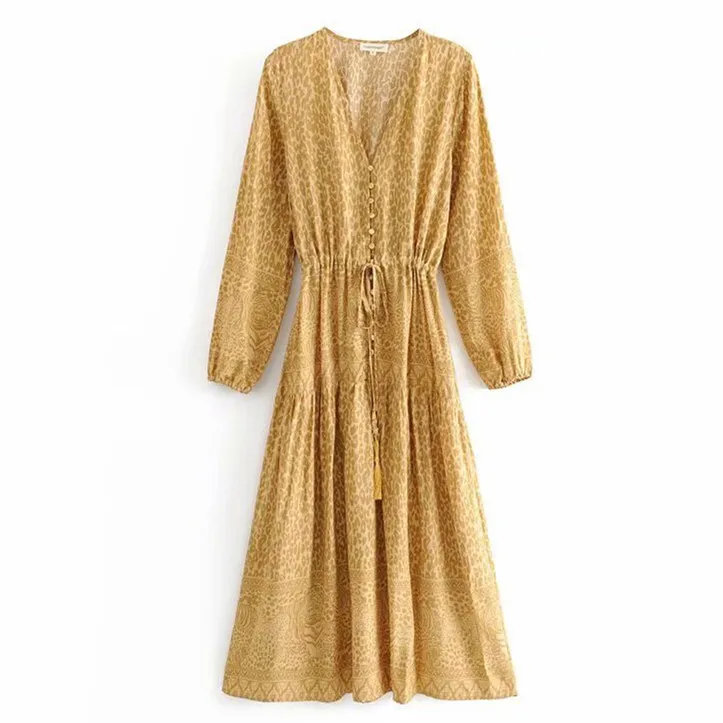 

2019 Bohemian Yellow Leopard Ankle-length Long Dress BOHO Woman Tassel Lacing up Waist Open Button Pullover Dresses Holiday