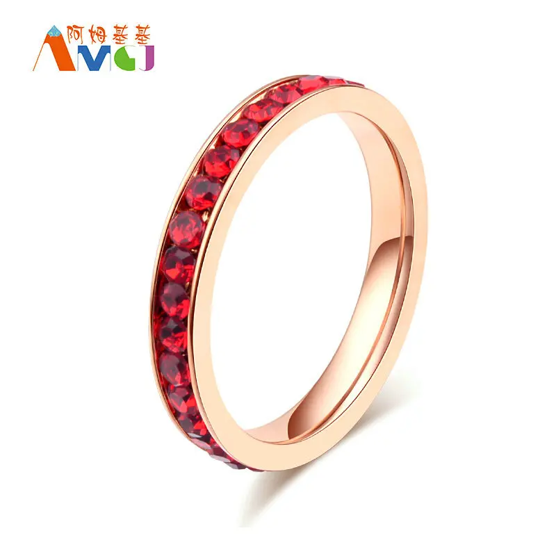 Amgjek 3mm A Row Crystals Red Clear Ring Titanium Steel Rose Gold