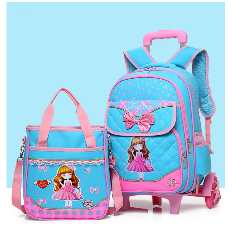 Fashion 2pcs set school backpacks 6 wheels children school bags for girls handbag waterproof cute kids travel trolley bookbag