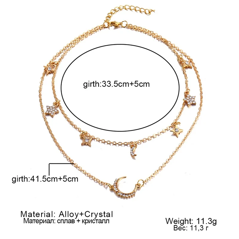 Винтажное многослойное золотое ожерелье для женщин, модное ожерелье с подвеской в виде Луны и звезды, ожерелье на цепочке с кристаллами и колье в стиле бохо, ювелирное изделие