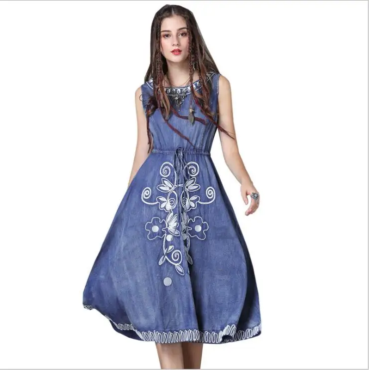 

2019 Summer Denim Dress Women Sleeveless Vintage Ethnic Demin Vestido Jeans Feminino Dresses Casual Sundress