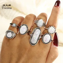 Tocona 7 unids/set antiguo Vintage Color plateado ópalo Cristal Tallado conjunto de anillos Midi para las mujeres dedo nudillo anillos de la joyería de Boho 5887