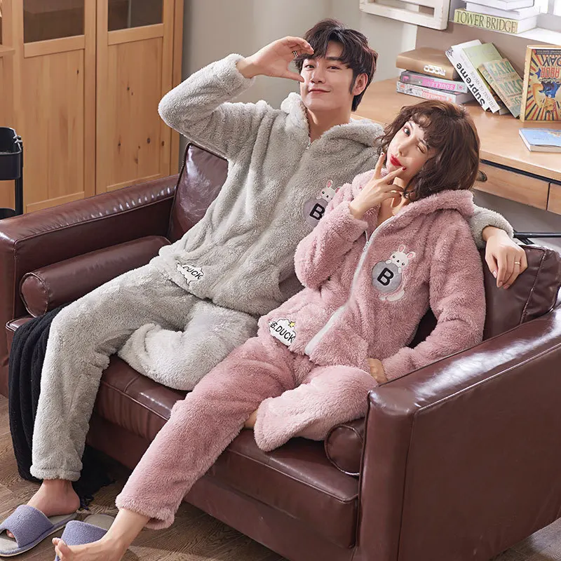 Winter Coral Fleece Couple Cute Cartoon Home Sleepwear Suit Men Warm Hooded Pyjamas Pajama Set Embroidery Rabbit