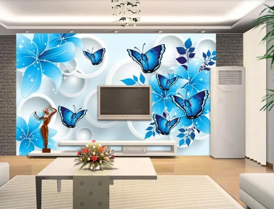 blue room wallpapers Blue lily butterfly 3D TV background wall modern living room wallpapers blue room wallpapers Blue lily butterfly 3D TV background wall modern living room wallpapers