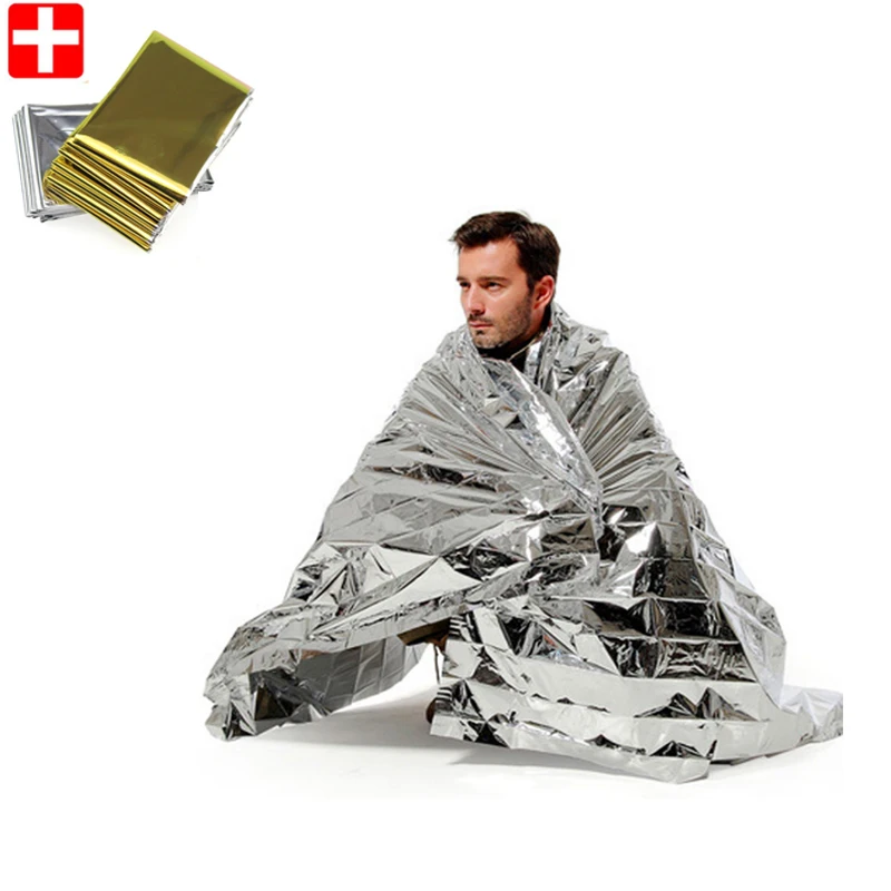 

210*140CM PET Portable Outdoor Life-saving Military Emergency Blanket Survival Rescue Insulation Curtain Blanket Silver Glod