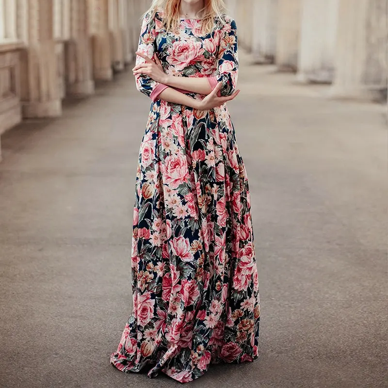 S-FLAVOR-Bohemian-printing-long-dress-O-neck-three-quarter-sleeve-big-hem-women-spring-summer (2)