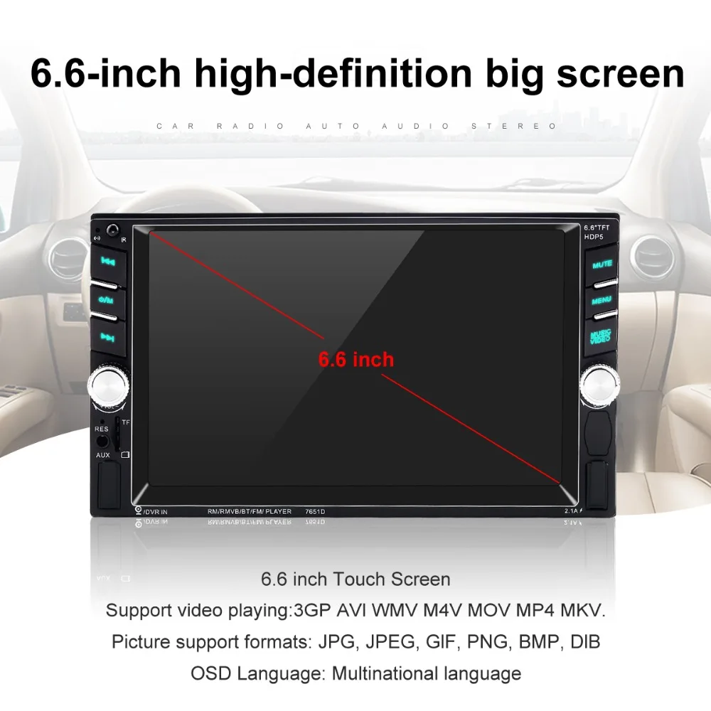 2 din 6,6 ''lcd сенсорный экран 12V Авторадио Автомагнитола bluetooth Камера заднего вида Зеркало Ссылка с рамкой стенд