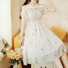 Корейский стиль, летнее женское модное платье с вырезом лодочкой, принт со звездой, короткий рукав, женское элегантное шифоновое платье белого и синего цвета