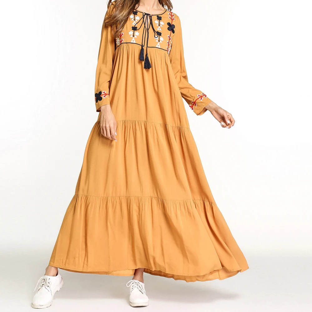 Женское длинное платье с вышивкой уютное плиссированное макси большого размера