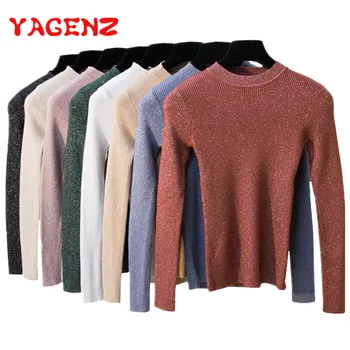 

YAGENZ Sequined High elasticity Sweater Women Knitted Pullover Spring Snd Autumn Sweater For Women Tops Ladies Knitted Sweaters