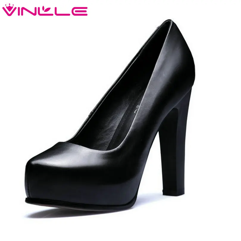 

VINLLE 2018 Women Shoes Slip On Genuine Leather Platform Pointed Toe Square High Heel Black Ladies Wedding Pumps Size 34-39