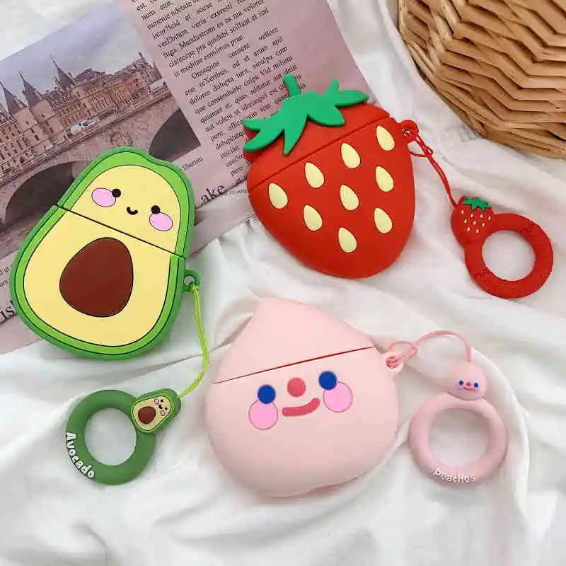 

3D fruit bag For airpods I/II earphone soft silicon cover, Cute apeach case for wireless earphone protect +finger ring