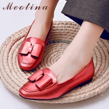 Meotina/женские водонепроницаемые мокасины балетки на плоской подошве с бантиком, весенняя женская обувь без шнуровки на плоской подошве с квадратным носком, роскошная обувь серебристого и красного цвета, большие размеры 10, 43