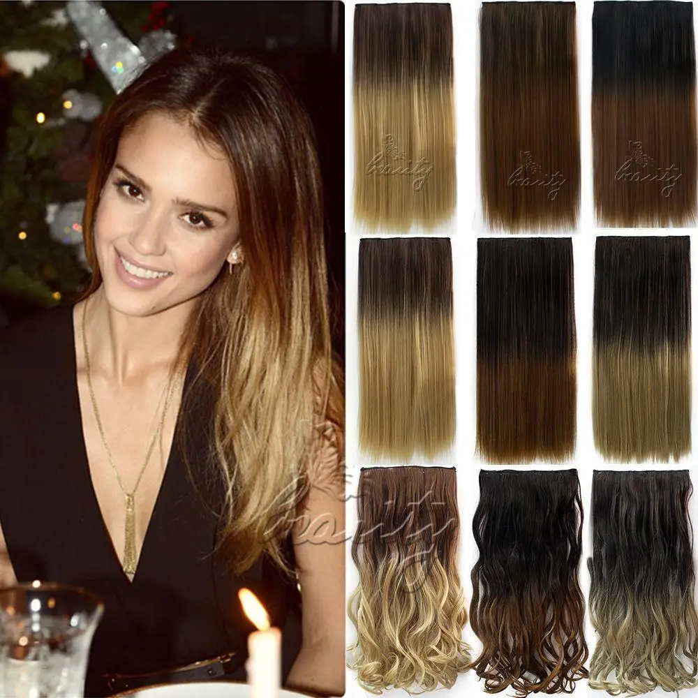 Women'Fashion Clip In Hair Extension 24 5 Clips Straight Synthetic Hairpieces Ombre Colored Cheveux Extension 2 styles B40