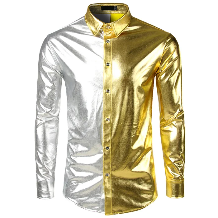 Shiny Gold Metallic Men Shirt 2018 New Party Prom Camisa