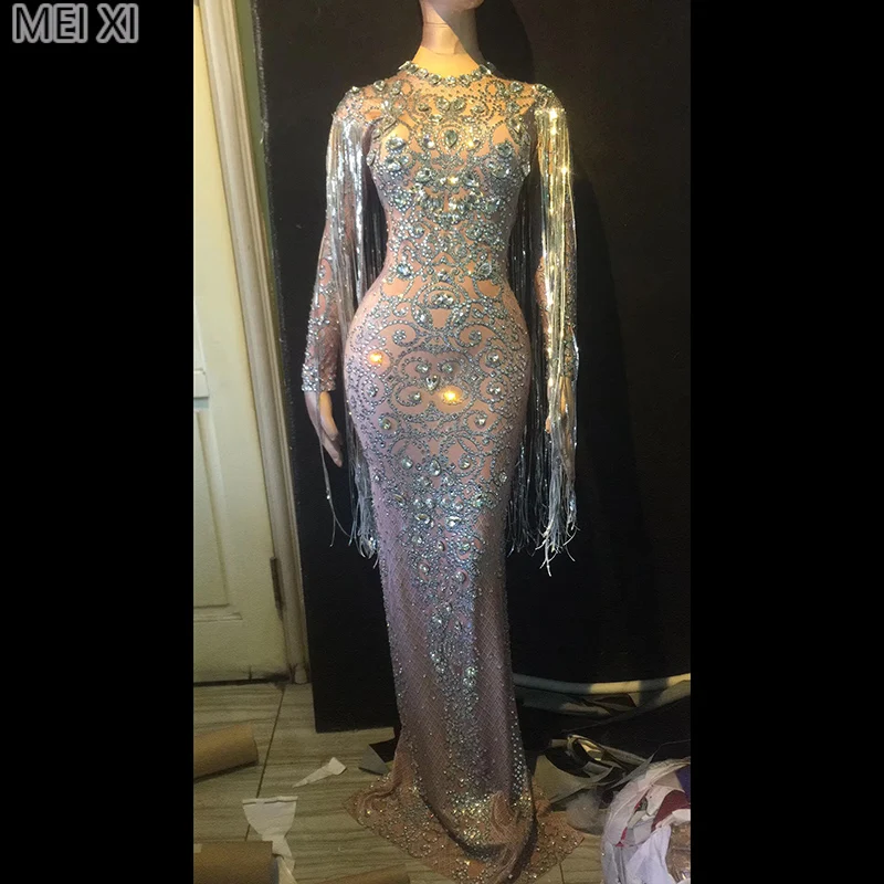 

Silver luxury rhinestone sequined fringe dress birthday celebration party banquet evening concert ball singer costume