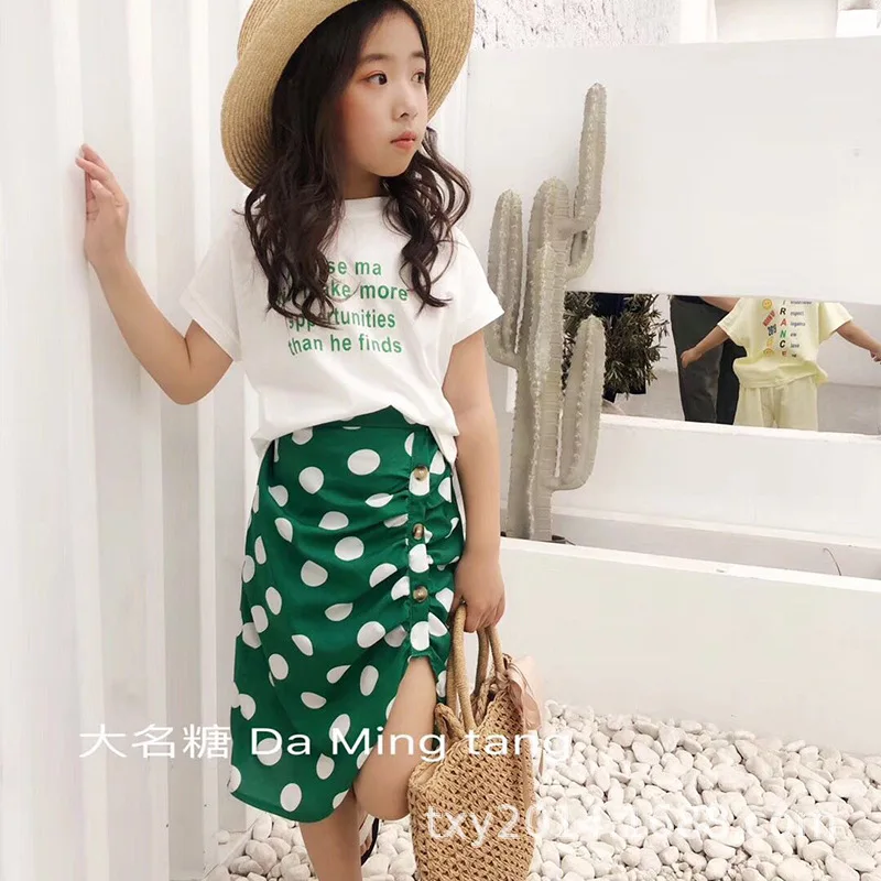 

Girls 2019 summer new letter short-sleeved T-shirt with dot split fork skirt 2 piece suit