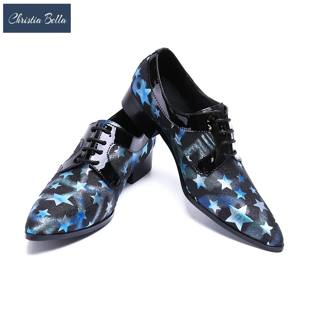 

Christia Bella Brand Mens Shoes Lace up High Heels Business Style Oxfords Printing Wedding and Party Flats Shoes Stage Outfit